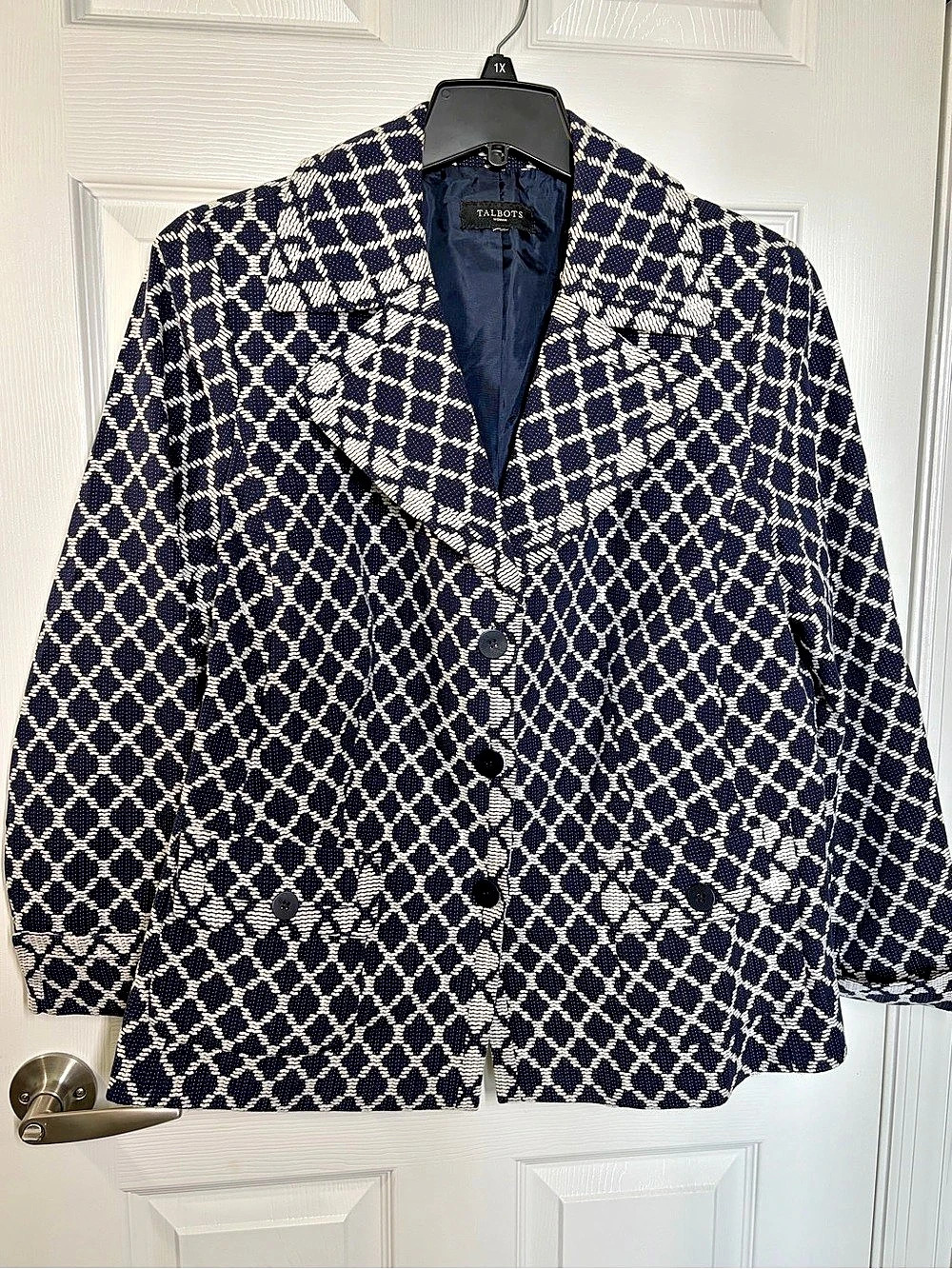 Talbots Navy and White Geometric Jacquard Blazer Jacket